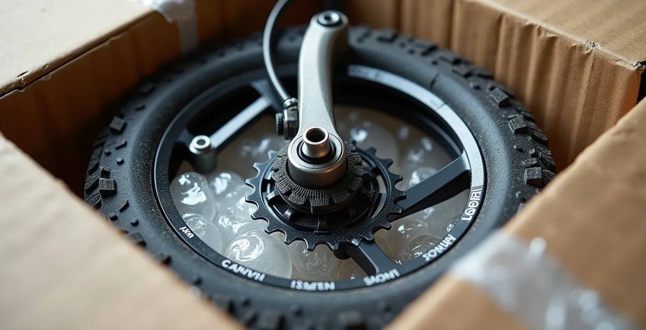 Vélo démonté soigneusement emballé dans une grande boîte en carton sans marquage avec protection en mousse