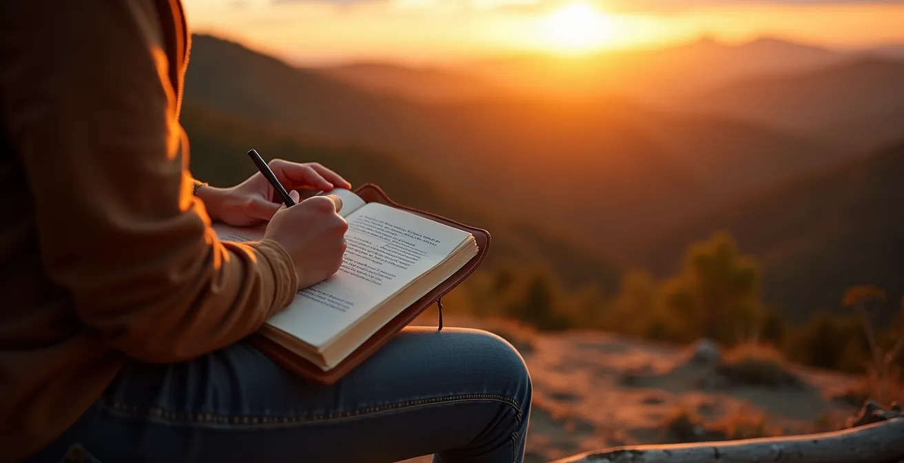 Personne écrivant dans un carnet de voyage au coucher du soleil face à un paysage naturel