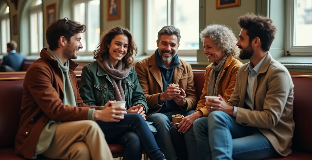 Groupe de voyageurs différents partageant un moment convivial dans une gare lors d'un retard