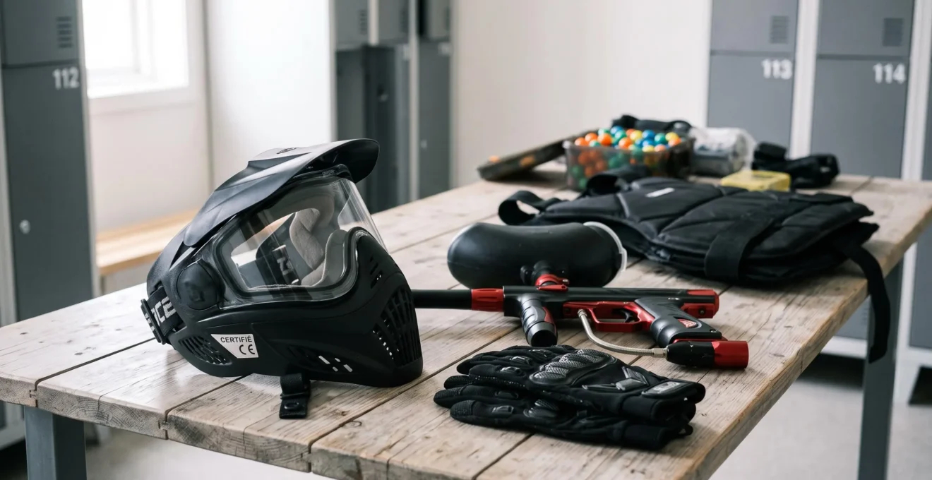 Ensemble complet d'équipement de paintball disposé sur table en bois clair : masque de protection intégral noir avec écran transparent et rembourrage visible, marqueur noir et rouge avec chargeur, gants tactiques, gilet de protection plié, pot de billes multicolores, dans vestiaire moderne sous lumière naturelle douce