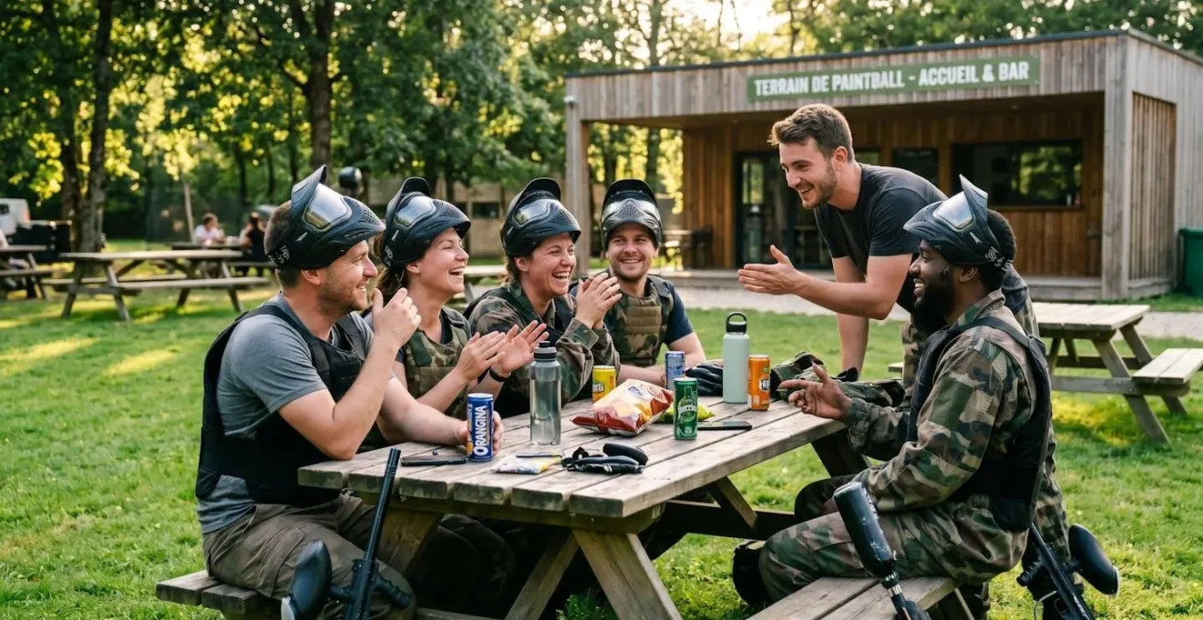 Groupe de six participants de paintball d'âges variés, masques de protection relevés sur le front, rassemblés autour d'une table de pique-nique sur la terrasse du centre, riant ensemble avec gestes animés, bouteilles d'eau et marqueurs posés à proximité, club house visible en arrière-plan sous lumière douce