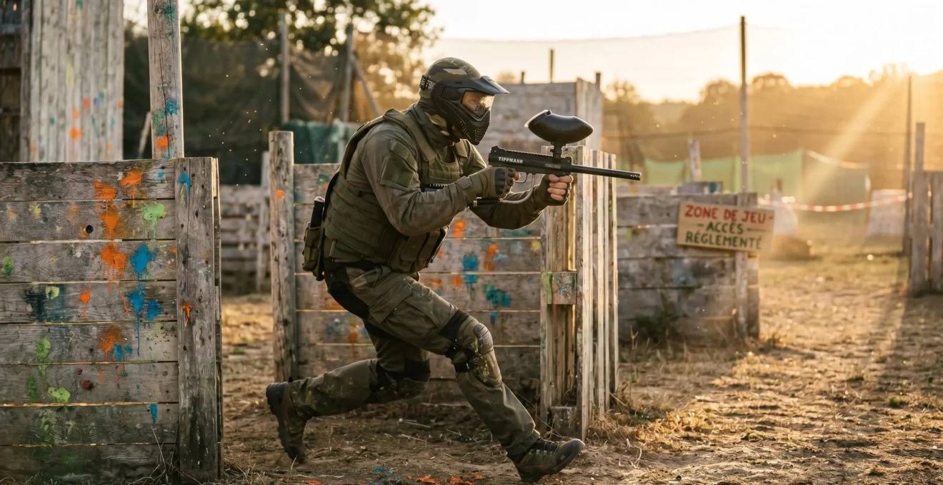 Joueur de paintball équipé d'un masque de protection intégral et d'un marqueur progressant en position tactique accroupie entre barricades en bois d'un terrain thématique western, sous lumière dorée de fin d'après-midi, avec impacts de peinture colorée visibles sur les obstacles