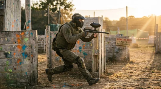 Joueur de paintball équipé d'un masque de protection intégral et d'un marqueur progressant en position tactique accroupie entre barricades en bois d'un terrain thématique western, sous lumière dorée de fin d'après-midi, avec impacts de peinture colorée visibles sur les obstacles