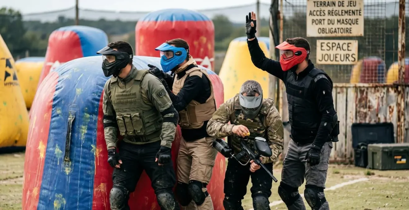 Quatre joueurs de paintball équipés de masques intégraux regroupés derrière une barricade gonflable hyperball, deux pointant du doigt des directions tactiques différentes, un surveillant le terrain par-dessus la protection, le quatrième rechargeant son marqueur, communication d'équipe intense visible